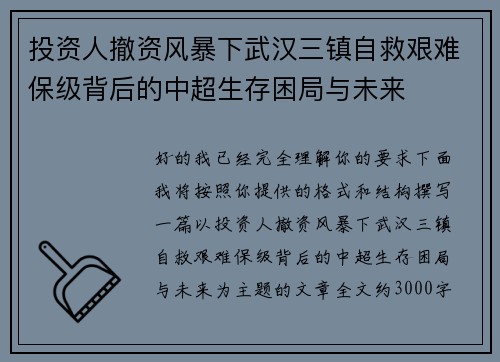 投资人撤资风暴下武汉三镇自救艰难保级背后的中超生存困局与未来